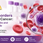Blood disorders vs blood cancer symptoms, risk factors, diagnosis, and treatment guide with blood cells illustration.