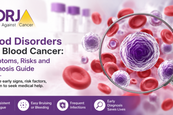 Blood disorders vs blood cancer symptoms, risk factors, diagnosis, and treatment guide with blood cells illustration.