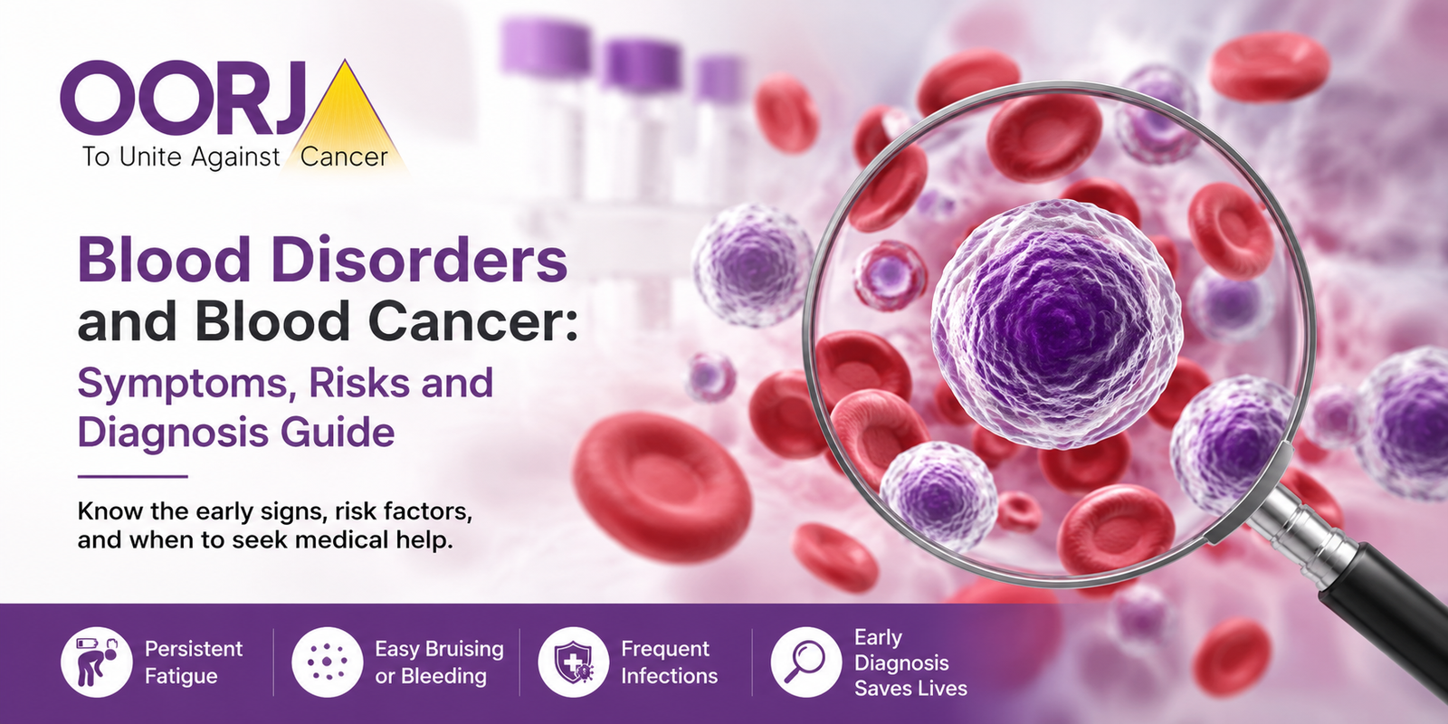 Blood disorders vs blood cancer symptoms, risk factors, diagnosis, and treatment guide with blood cells illustration.