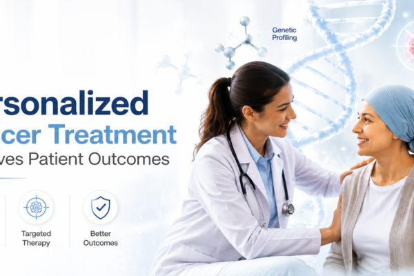 Personalized cancer treatment consultation with a doctor discussing precision oncology and patient outcomes