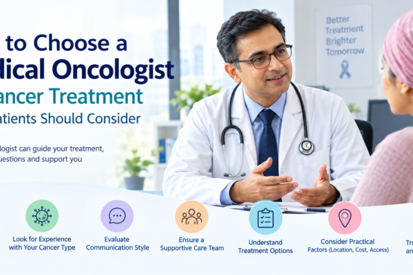 Doctor discussing cancer treatment options with a patient while explaining how to choose a medical oncologist.